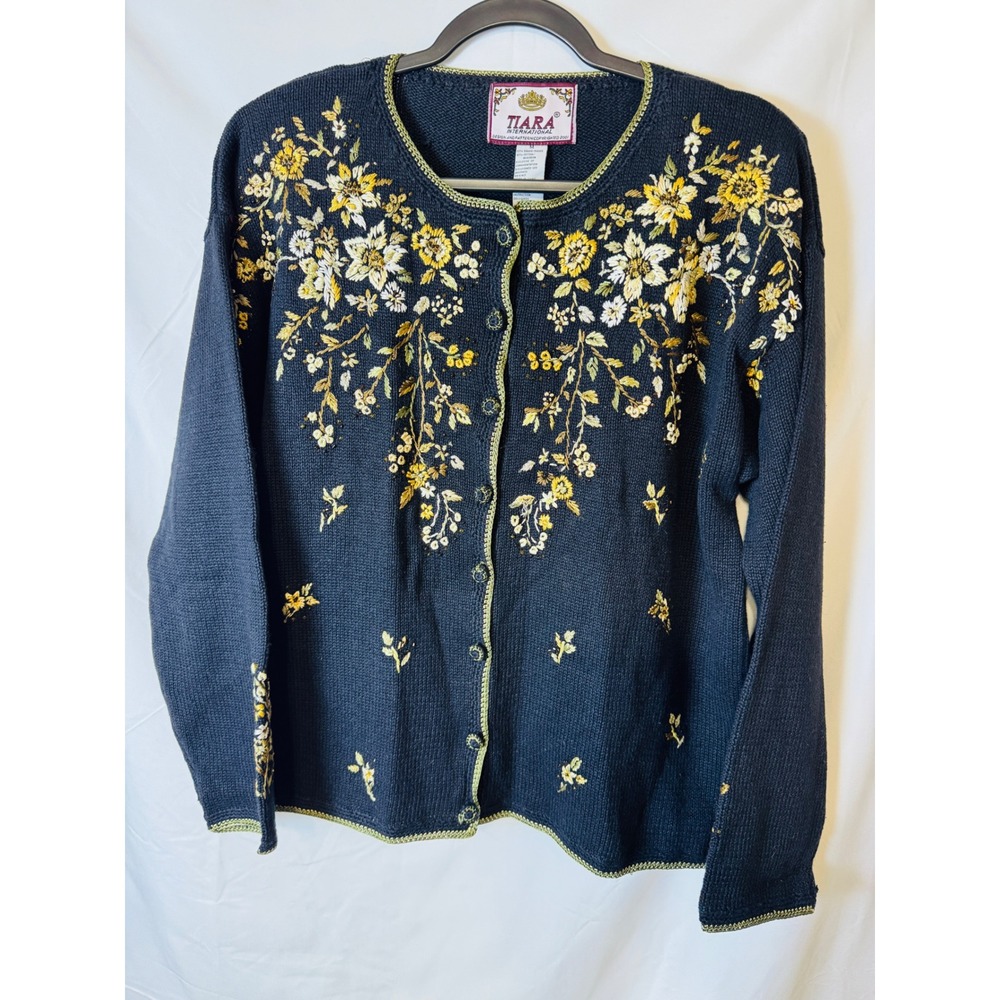 Tiara International Vintage Floral‎ Embroidered Cardigan Sweater Black Yellow M